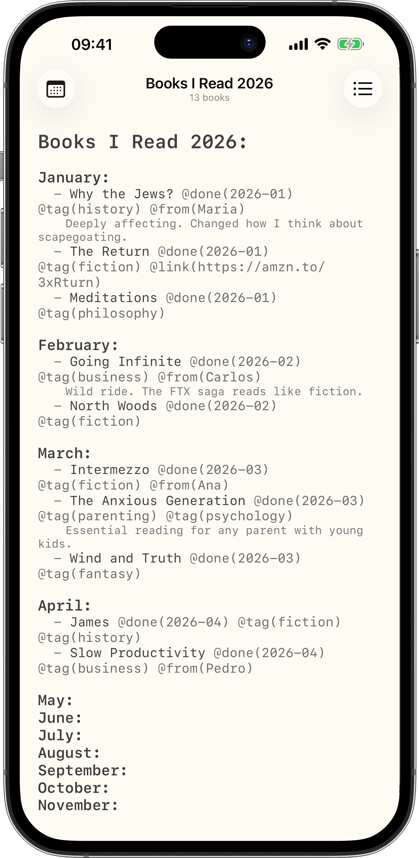 Books I Read mostrando un registro de lectura con entradas destacadas, etiquetas y notas