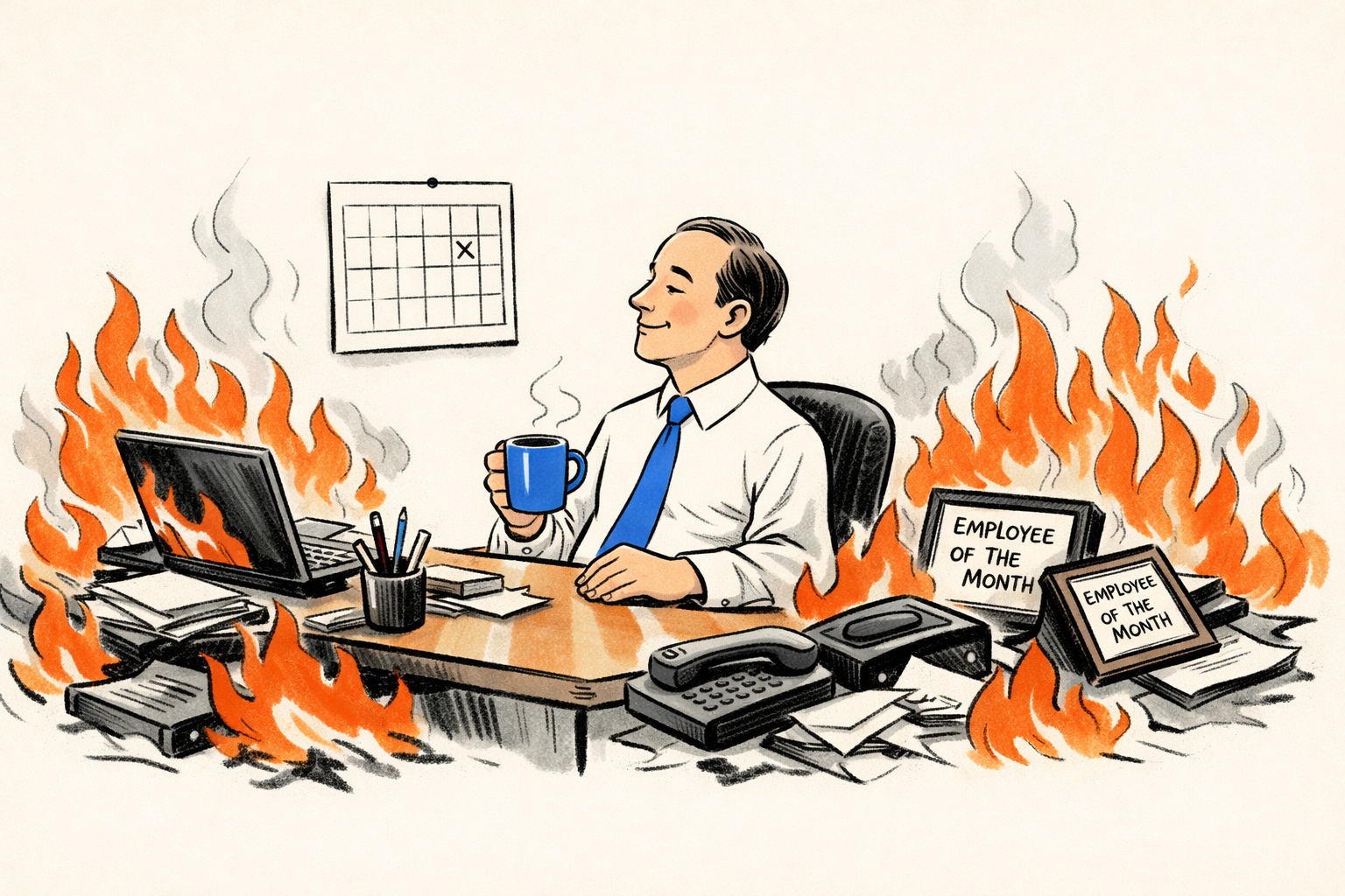 dispassionate.png Ilustración de un hombre trajeado sentado en su escritorio, sosteniendo una taza de café, rodeado de llamas y caos, con un calendario y dos premios de 'Empleado del Mes' sobre la mesa.
