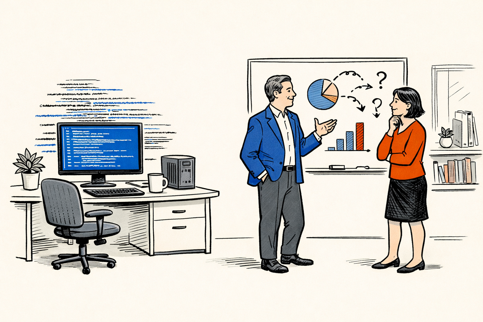 Ilustración de dos personas en una oficina. Un hombre de pie, vestido con un blazer, gesticula mientras habla con una mujer que lo escucha atentamente. En el fondo, una pizarra muestra gráficos y datos. En el escritorio hay un computador con código en pantalla y una planta decorativa.