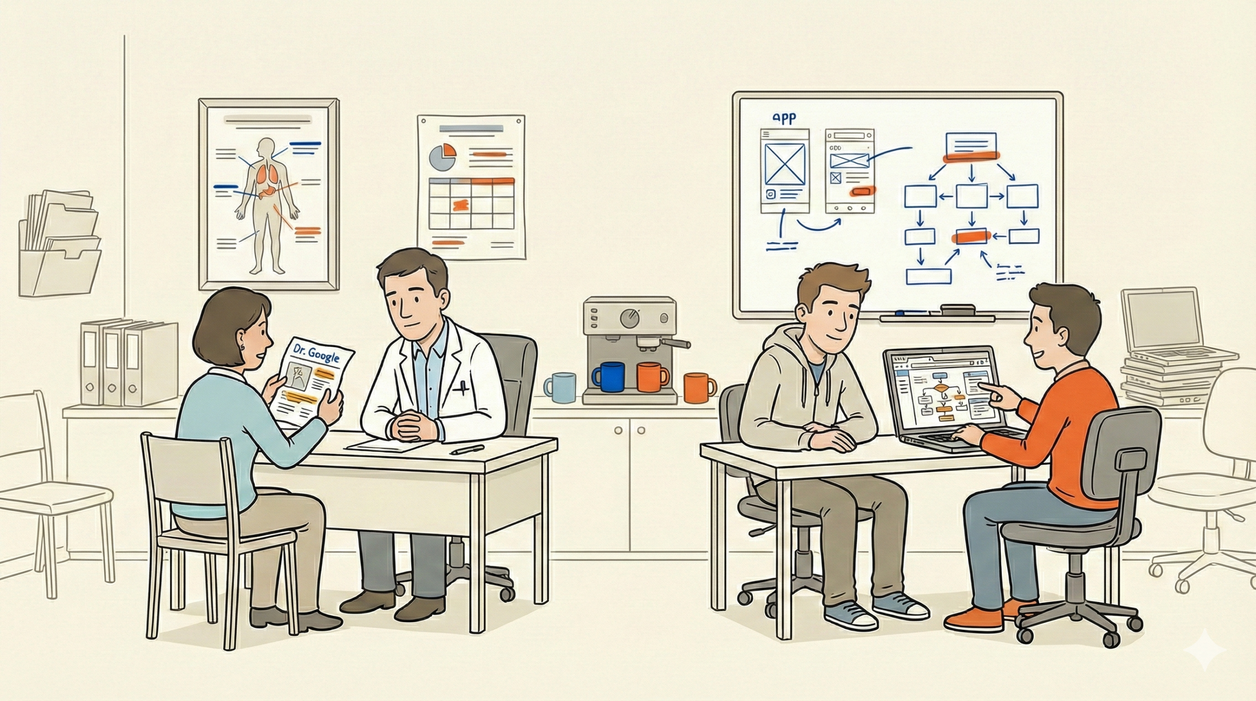 medicina y software.png Ilustración de un consultorio donde una mujer habla con un médico mientras sostiene un documento titulado 'Dr. Google'. En otra mesa, dos jóvenes discuten sobre el diseño de una aplicación con una computadora portátil y un pizarrón detrás que muestra diagramas.