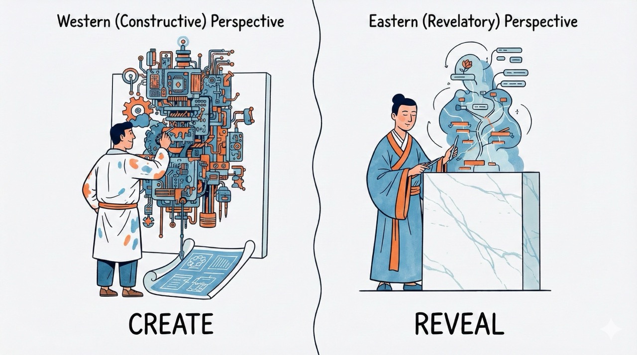Comparación entre la perspectiva occidental (constructiva) que enfatiza el 'CREAR' y la perspectiva oriental (revelatoria) que se centra en 'REVELAR'.